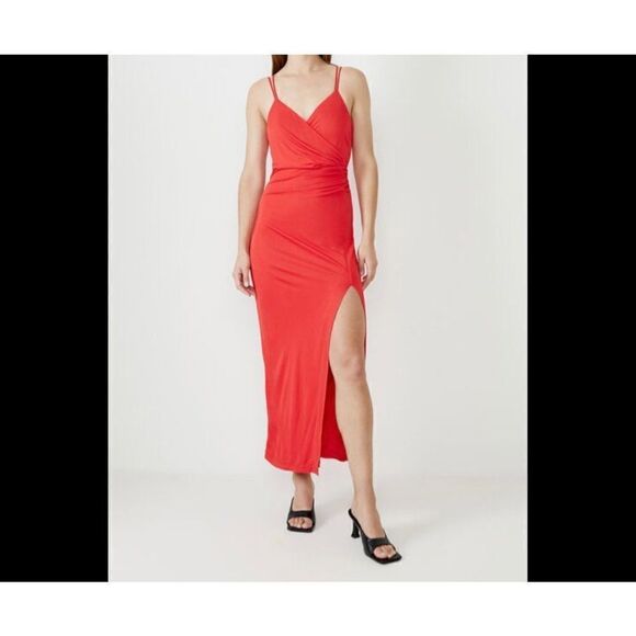 Bardot Sexy Red Wrap Midi Dress Slit Lipstick Size 8 Medium - Picture 1 of 10